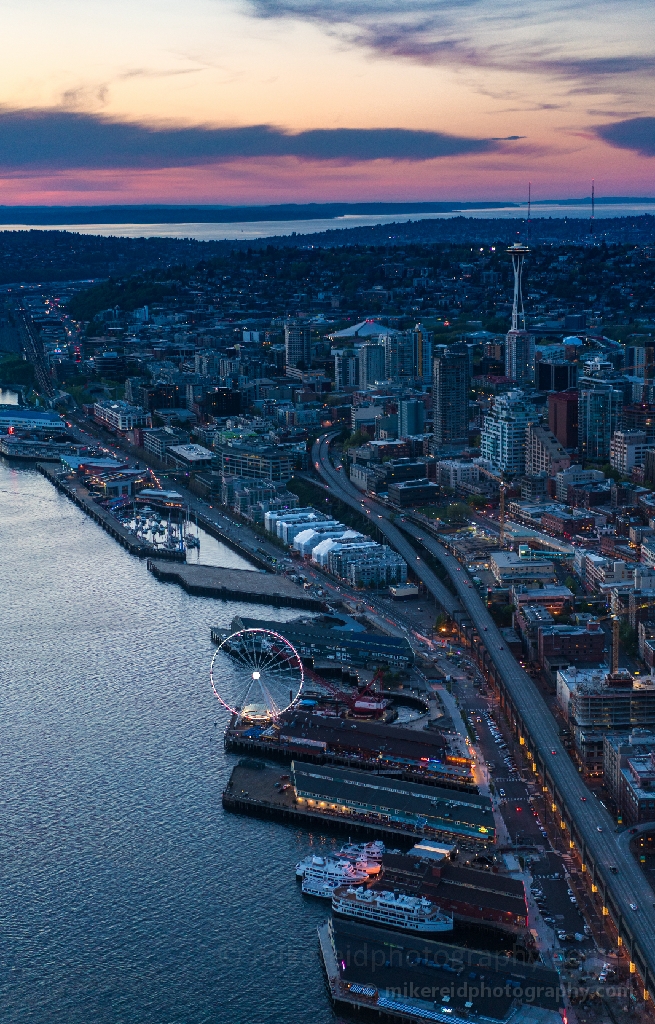 Aerial Seattle Blue Hour Space Needle and Wheel